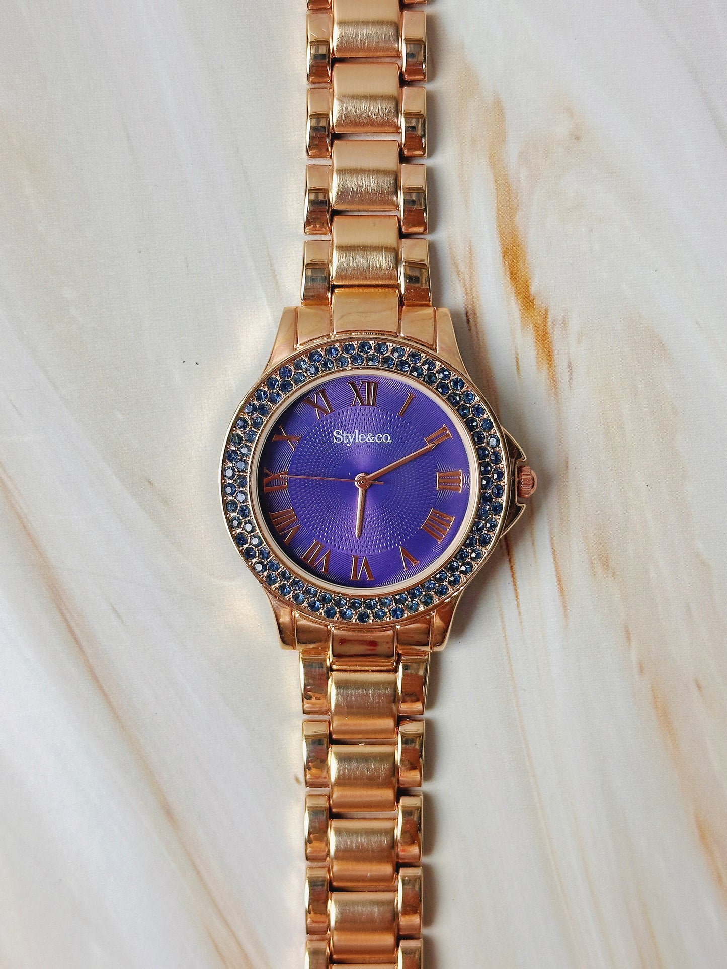 Style & Co Women’s Watch – Purple Dial – Crystal Bezel – Rose Gold Tone Bracelet