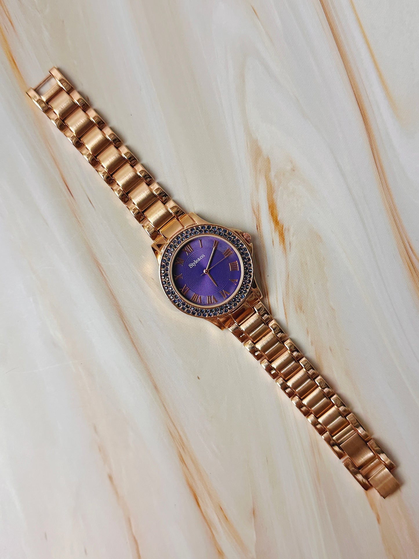 Style & Co Women’s Watch – Purple Dial – Crystal Bezel – Rose Gold Tone Bracelet