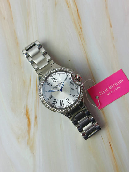 Isaac Mizrahi New York Ladies Watch – Silver Tone – Crystal Bezel – Roman Dial – With Box