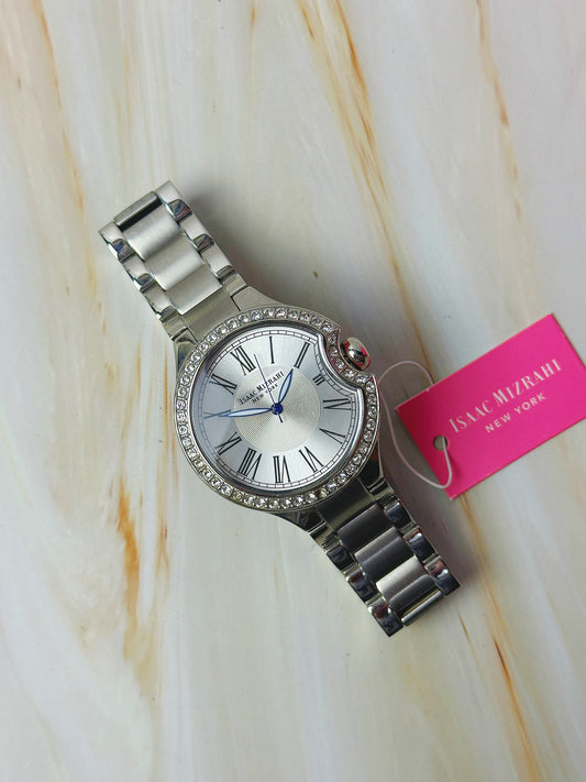 Isaac Mizrahi New York Ladies Watch – Silver Tone – Crystal Bezel – Roman Dial – With Box