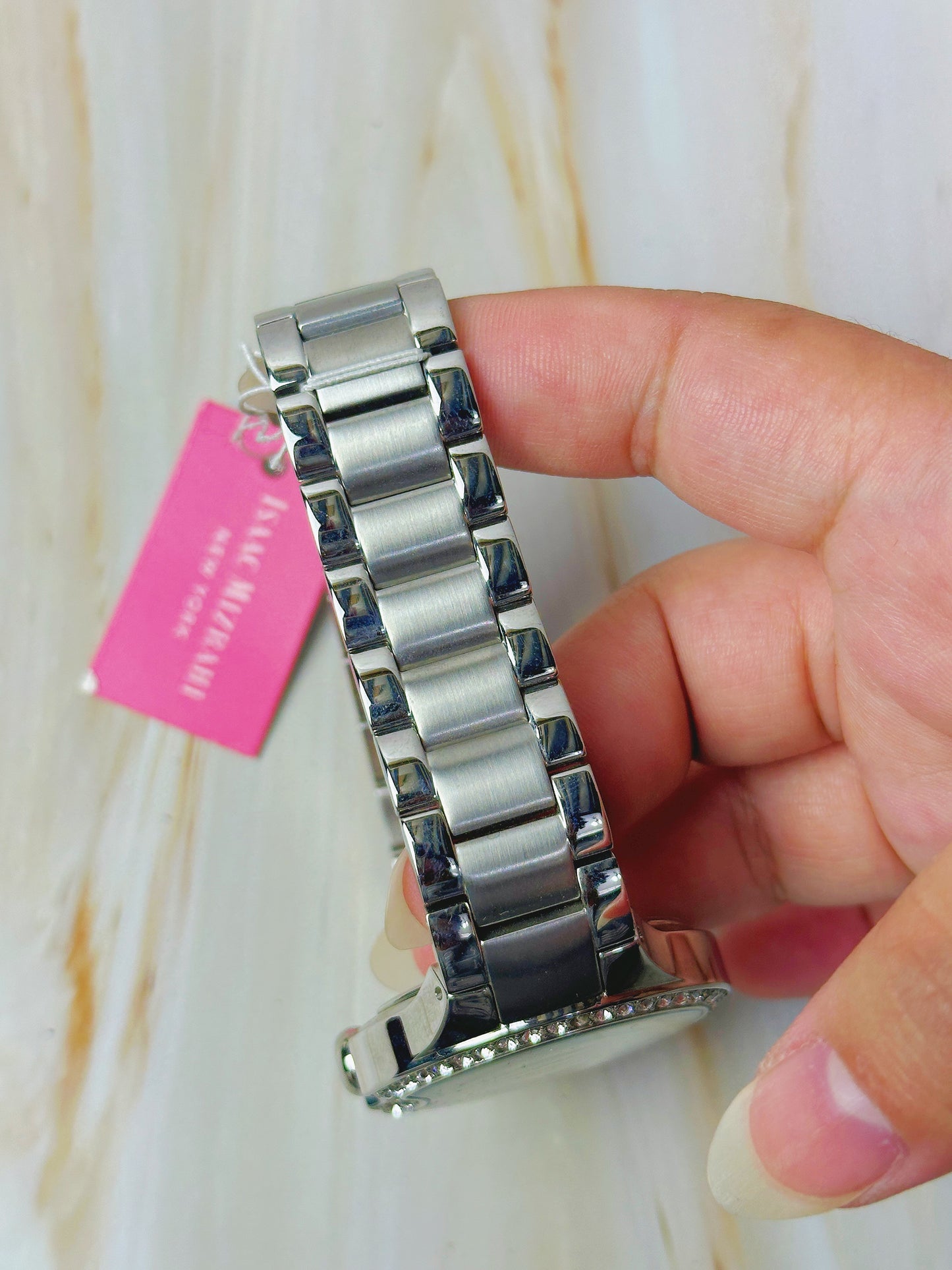 Isaac Mizrahi New York Ladies Watch – Silver Tone – Crystal Bezel – Roman Dial – With Box