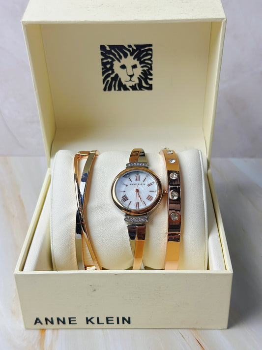Anne Klein Ladies Watch Set – Rose Gold Tone – Crystal Accents – 3-Piece Set – With Original Box