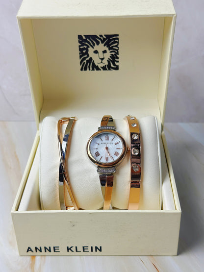 Anne Klein Ladies Watch Set – Rose Gold Tone – Crystal Accents – 3-Piece Set – With Original Box