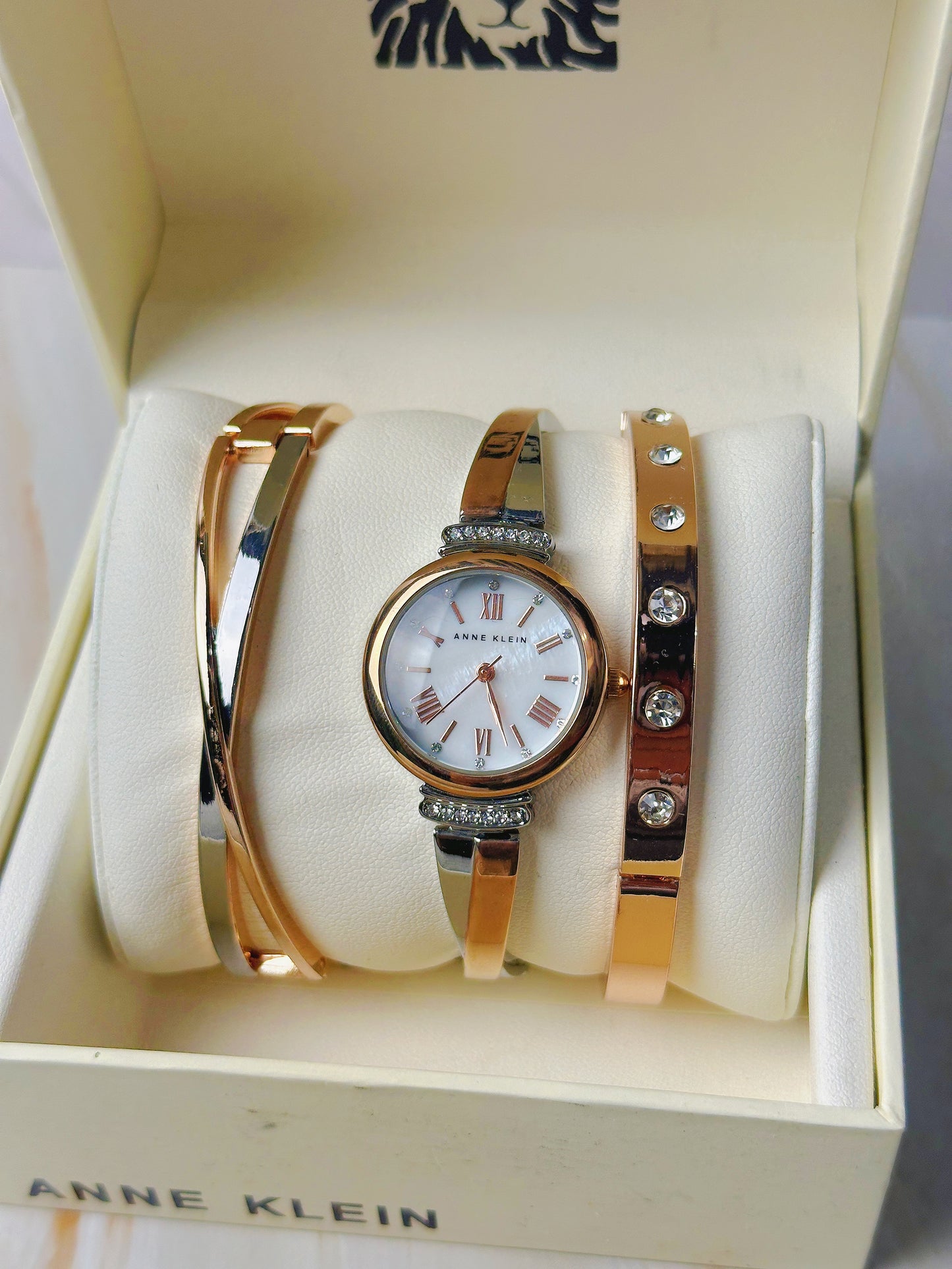 Anne Klein Ladies Watch Set – Rose Gold Tone – Crystal Accents – 3-Piece Set – With Original Box
