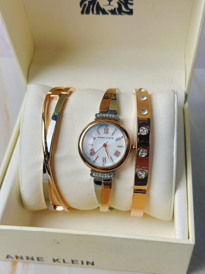 Anne Klein Ladies Watch Set – Rose Gold Tone – Crystal Accents – 3-Piece Set – With Original Box