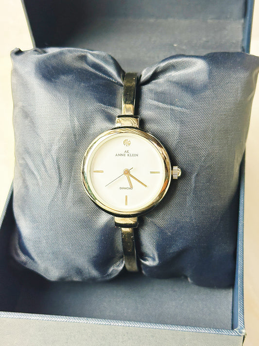 Anne Klein AK Diamond Ladies Watch – Silver Bangle – Minimalist Dial – With Box