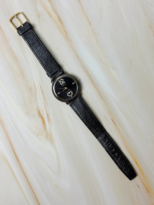 Vintage Quartz Ladies Watch – Black Dial with Crystal Accents – Black Leather Strap