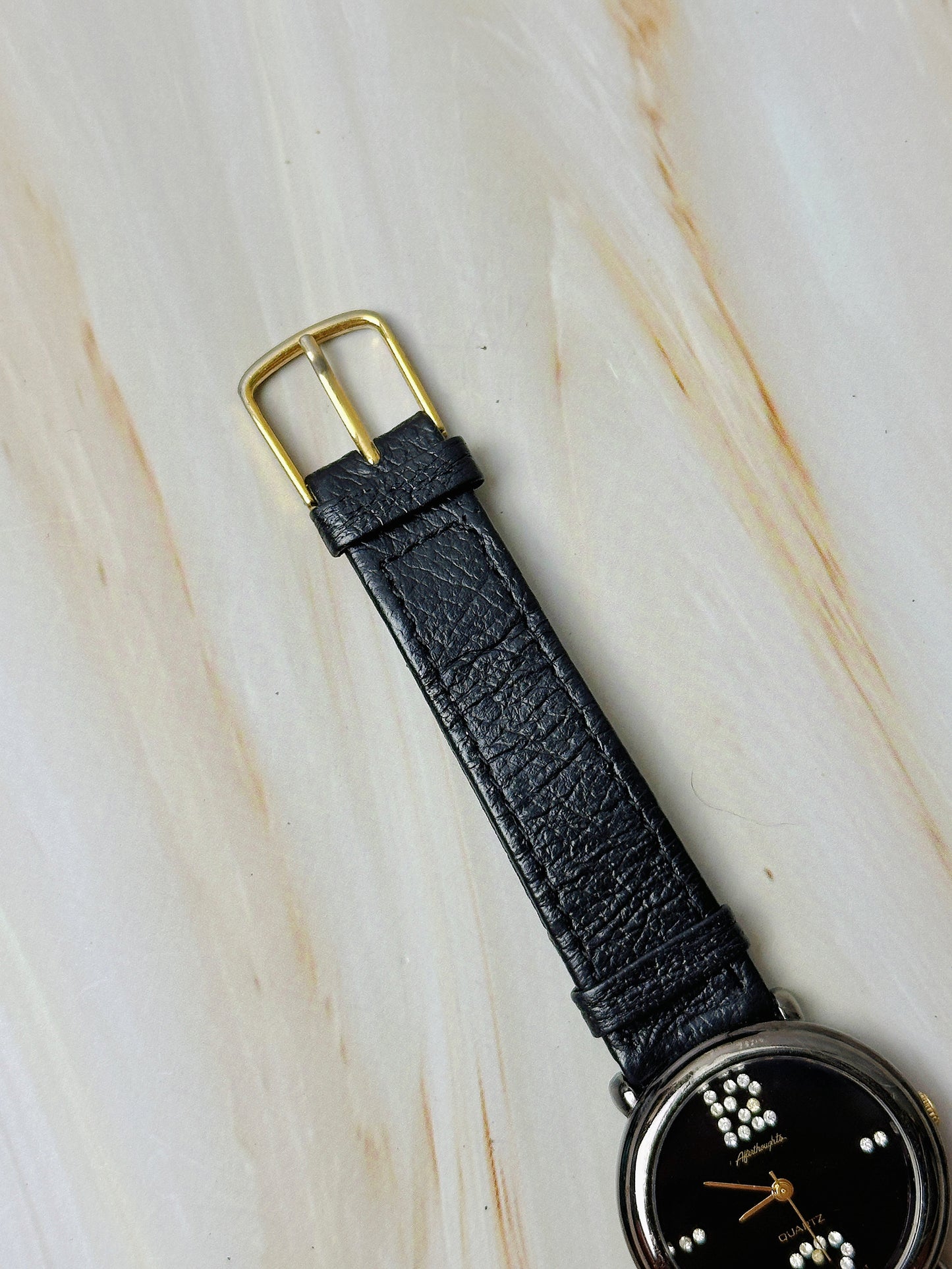 Vintage Quartz Ladies Watch – Black Dial with Crystal Accents – Black Leather Strap
