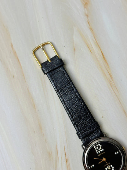 Vintage Quartz Ladies Watch – Black Dial with Crystal Accents – Black Leather Strap