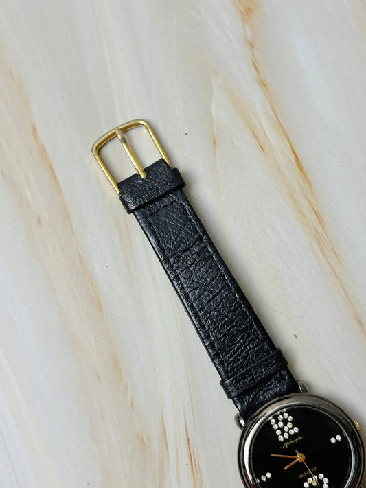 Vintage Quartz Ladies Watch – Black Dial with Crystal Accents – Black Leather Strap