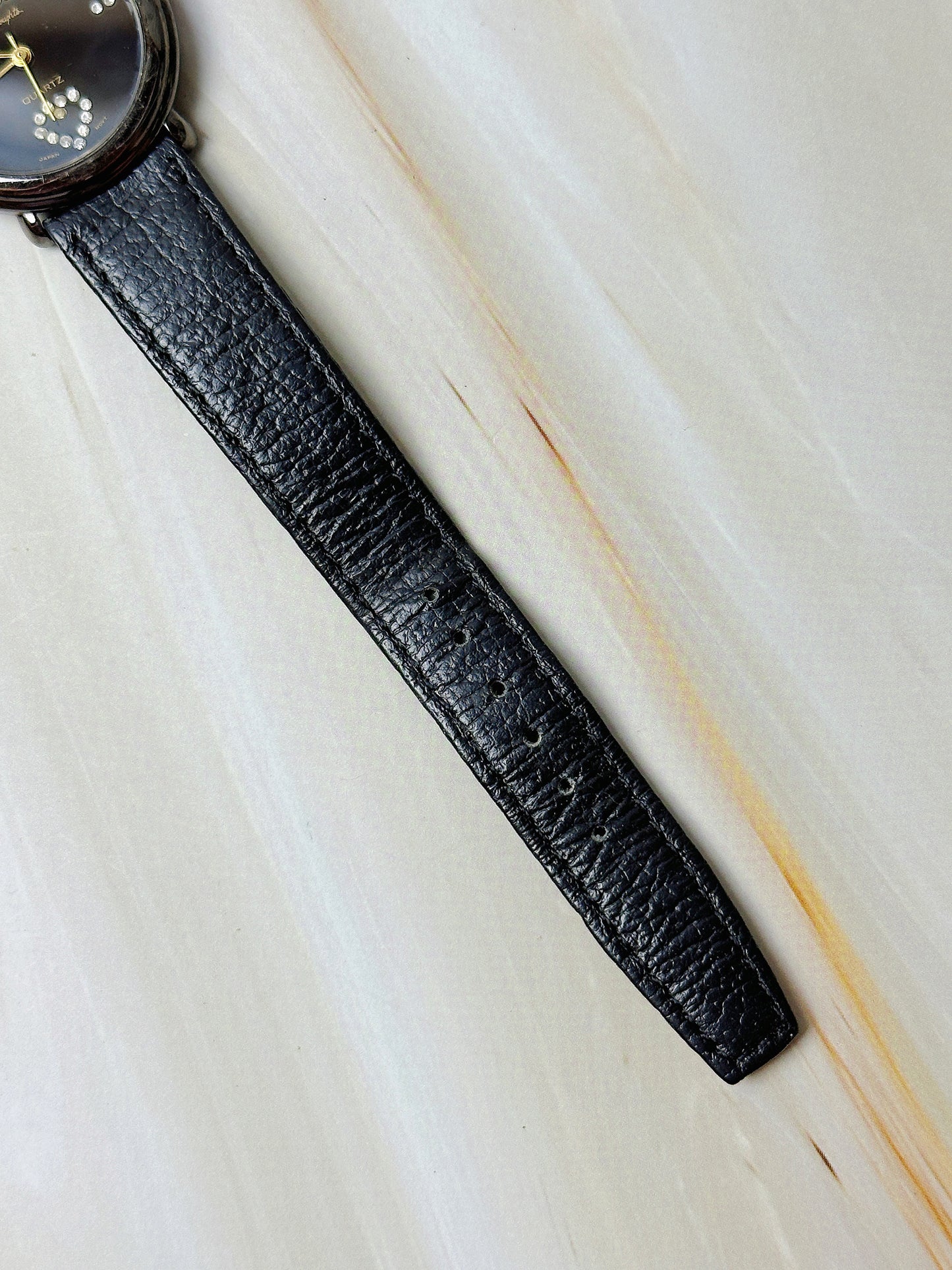 Vintage Quartz Ladies Watch – Black Dial with Crystal Accents – Black Leather Strap