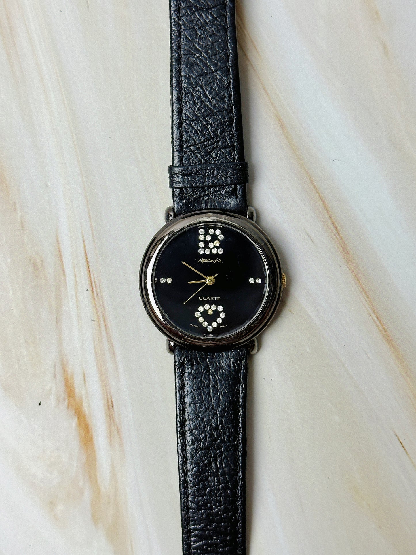 Vintage Quartz Ladies Watch – Black Dial with Crystal Accents – Black Leather Strap
