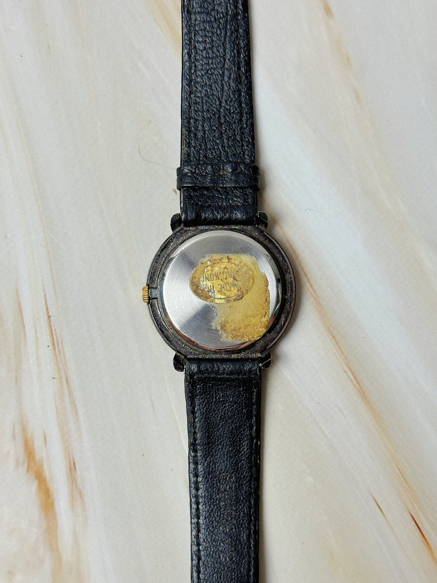 Vintage Quartz Ladies Watch – Black Dial with Crystal Accents – Black Leather Strap