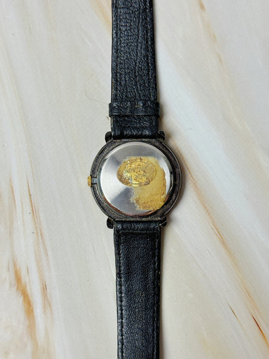 Vintage Quartz Ladies Watch – Black Dial with Crystal Accents – Black Leather Strap