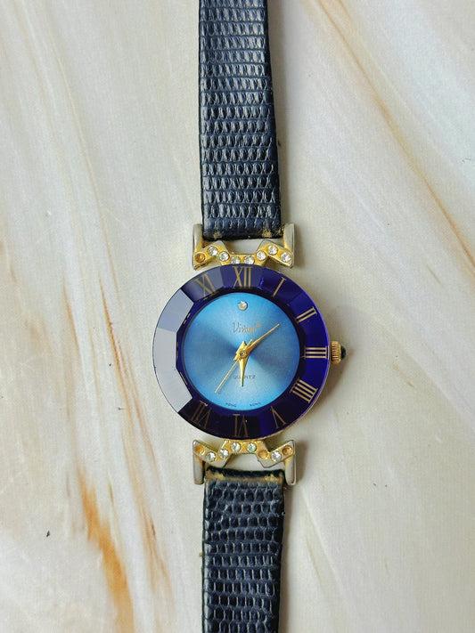 Vivani Ladies Quartz Watch – Blue Dial with Roman Numerals – Crystal Accents – Leather Strap