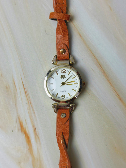Francesca's Ladies Quartz Watch – Gold Tone Case – White Dial – Brown Leather Strap