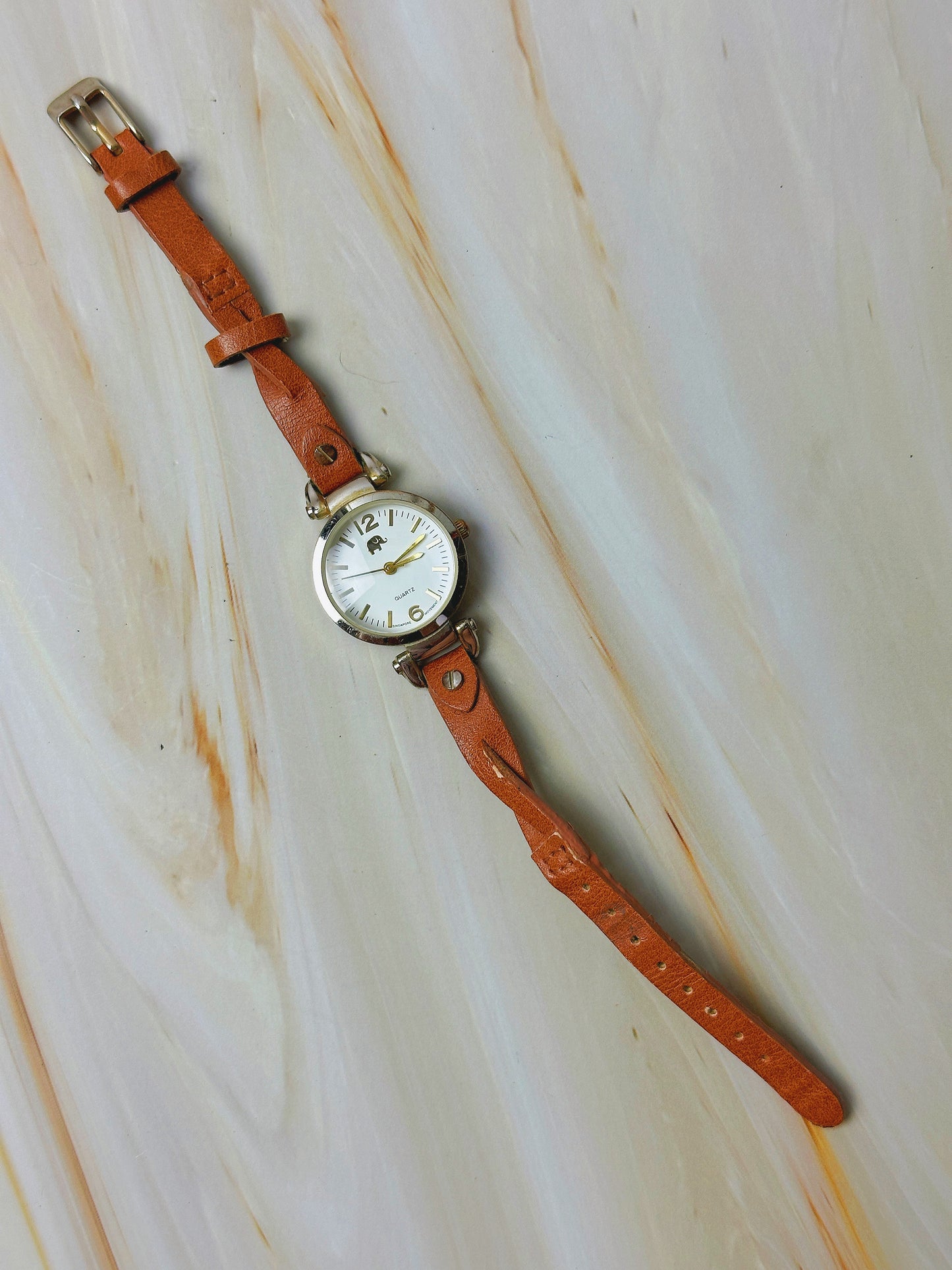 Francesca's Ladies Quartz Watch – Gold Tone Case – White Dial – Brown Leather Strap