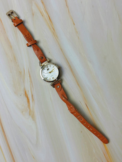 Francesca's Ladies Quartz Watch – Gold Tone Case – White Dial – Brown Leather Strap