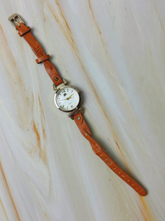 Francesca's Ladies Quartz Watch – Gold Tone Case – White Dial – Brown Leather Strap