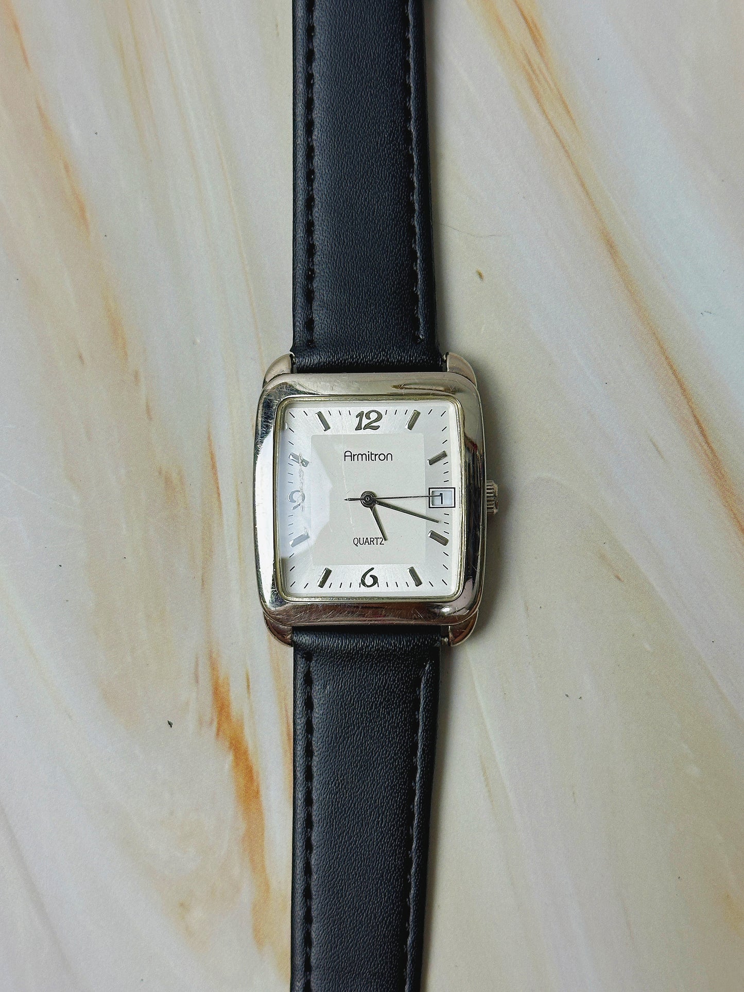 Armitron Ladies Quartz Watch – Square Case – White Dial – Black Leather Strap – Date Window