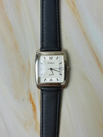 Armitron Ladies Quartz Watch – Square Case – White Dial – Black Leather Strap – Date Window