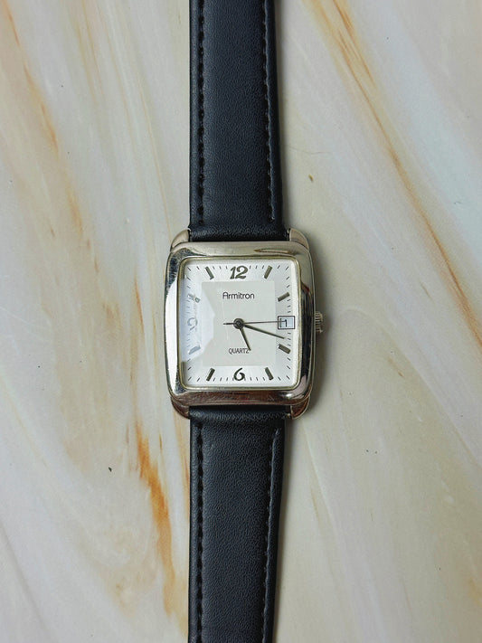 Armitron Ladies Quartz Watch – Square Case – White Dial – Black Leather Strap – Date Window