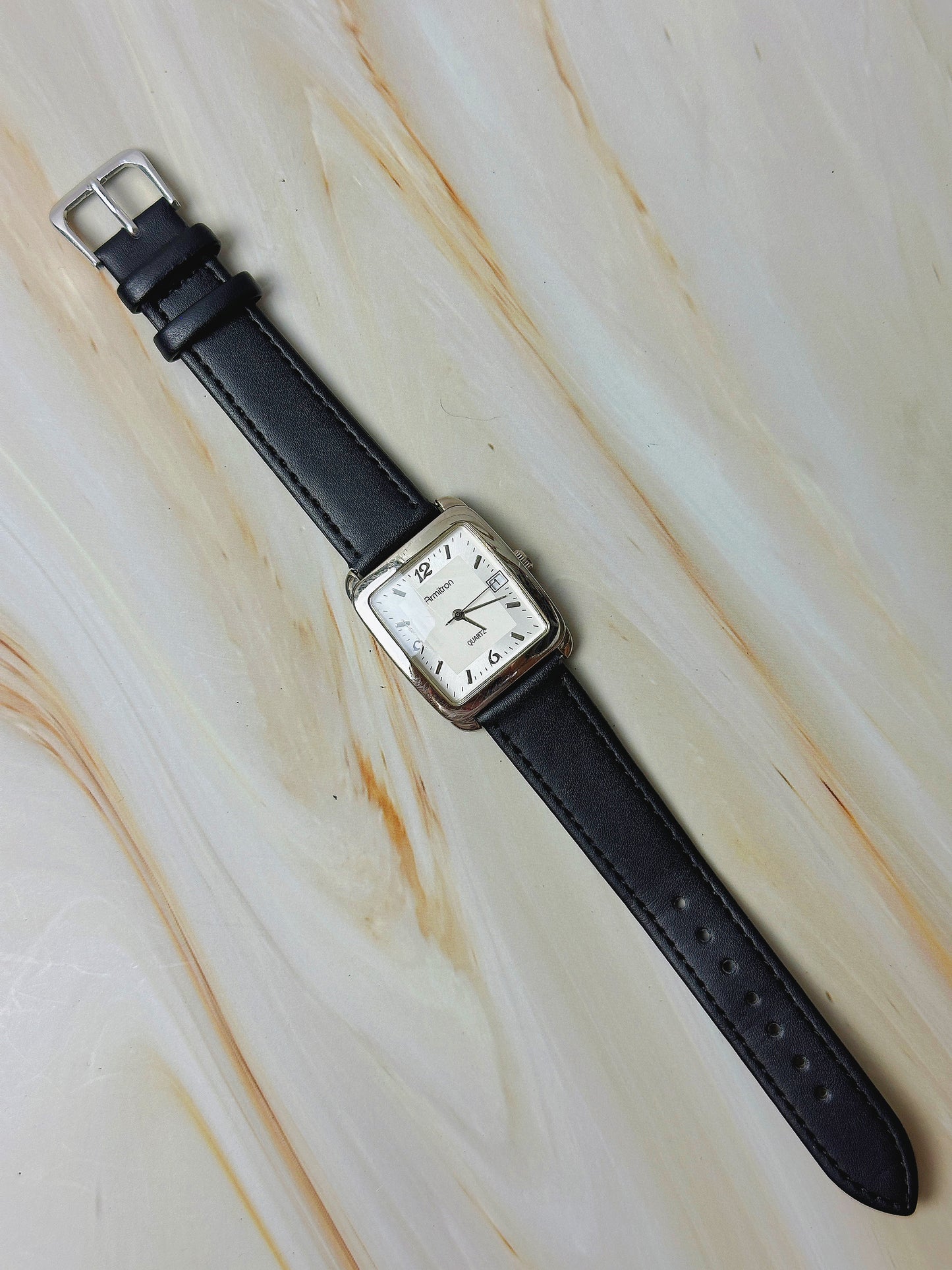 Armitron Ladies Quartz Watch – Square Case – White Dial – Black Leather Strap – Date Window