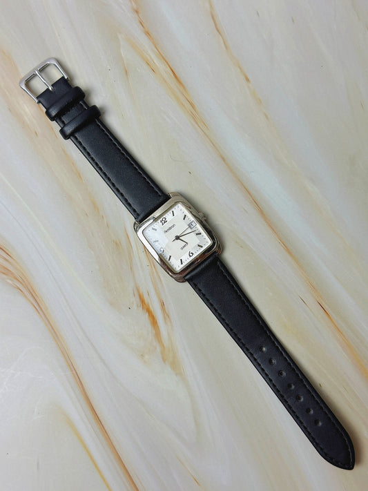 Armitron Ladies Quartz Watch – Square Case – White Dial – Black Leather Strap – Date Window