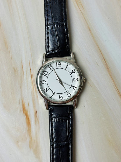 Ladies Quartz Watch – Minimalist White Dial – Silver Tone Case – Black Leather Strap