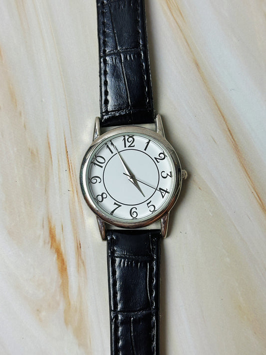Ladies Quartz Watch – Minimalist White Dial – Silver Tone Case – Black Leather Strap