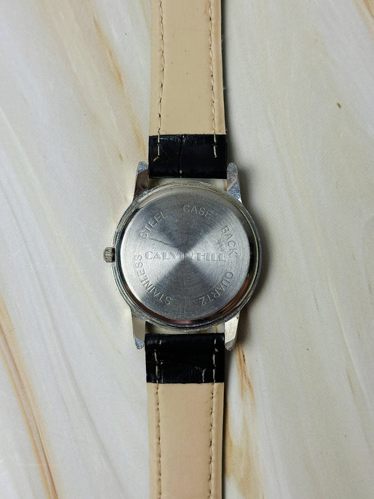 Ladies Quartz Watch – Minimalist White Dial – Silver Tone Case – Black Leather Strap