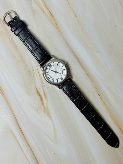 Ladies Quartz Watch – Minimalist White Dial – Silver Tone Case – Black Leather Strap