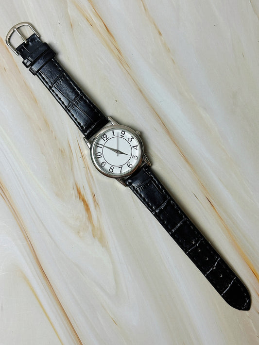 Ladies Quartz Watch – Minimalist White Dial – Silver Tone Case – Black Leather Strap