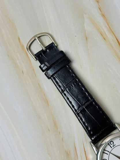 Ladies Quartz Watch – Minimalist White Dial – Silver Tone Case – Black Leather Strap