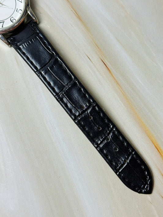 Ladies Quartz Watch – Minimalist White Dial – Silver Tone Case – Black Leather Strap