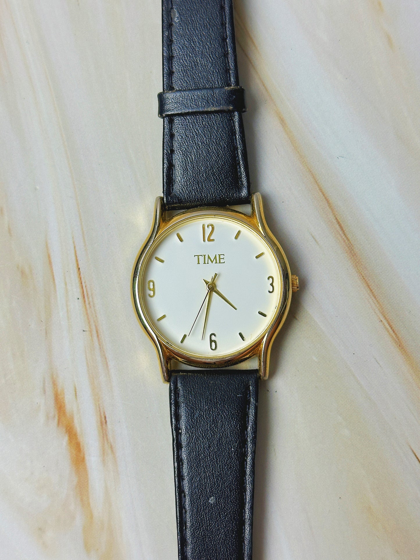 Vintage TIME Ladies Watch – Gold Tone Case – White Dial – Black Leather Strap