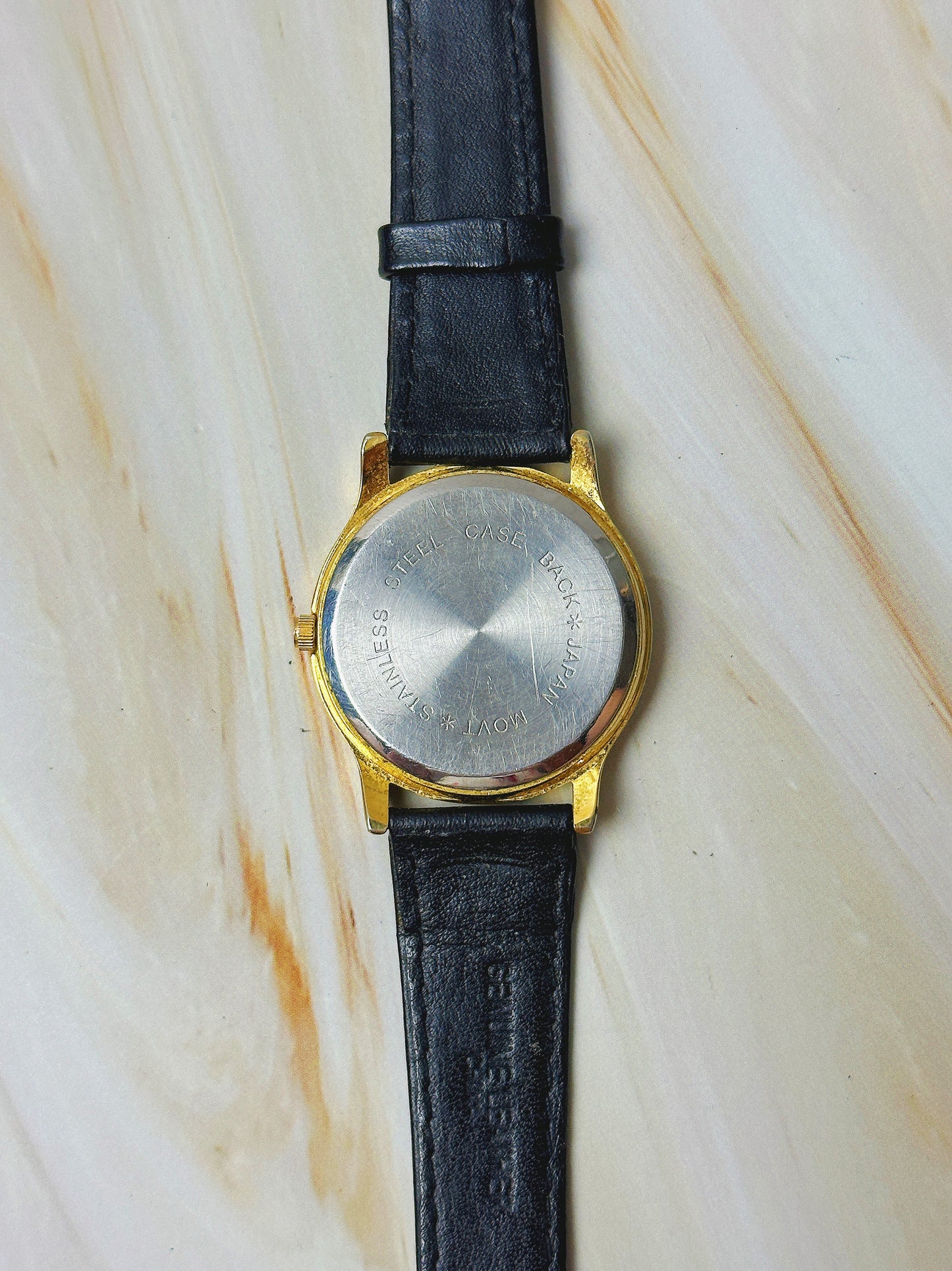 Vintage TIME Ladies Watch – Gold Tone Case – White Dial – Black Leather Strap