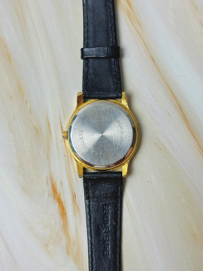 Vintage TIME Ladies Watch – Gold Tone Case – White Dial – Black Leather Strap