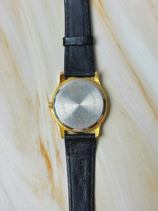 Vintage TIME Ladies Watch – Gold Tone Case – White Dial – Black Leather Strap