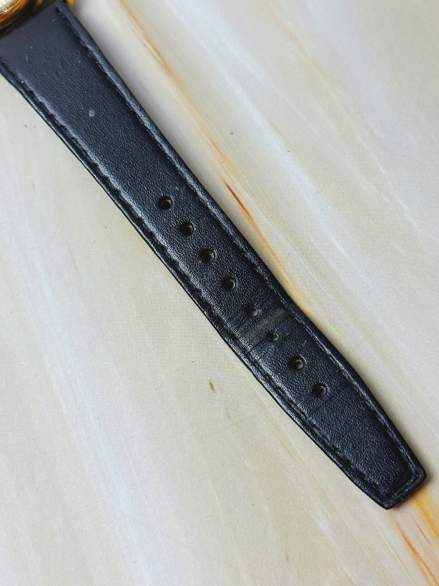 Vintage TIME Ladies Watch – Gold Tone Case – White Dial – Black Leather Strap