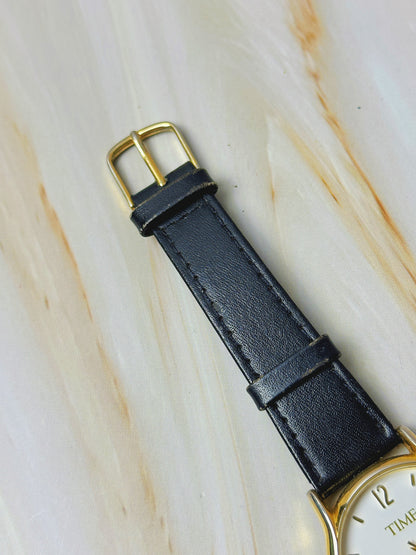 Vintage TIME Ladies Watch – Gold Tone Case – White Dial – Black Leather Strap