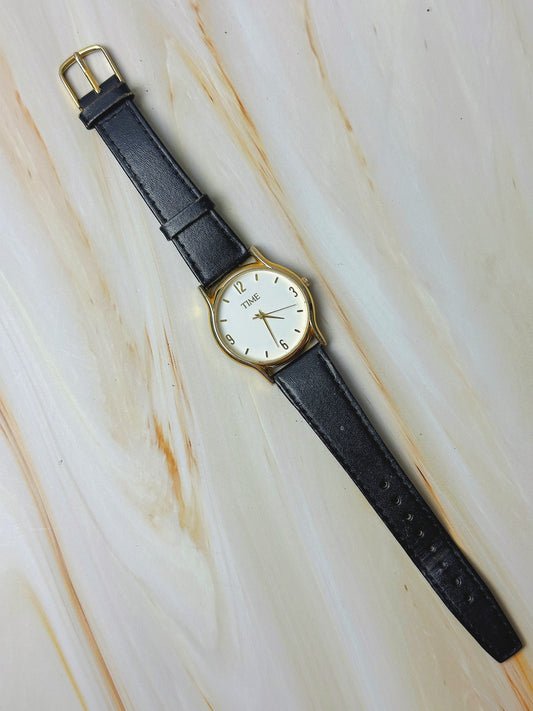Vintage TIME Ladies Watch – Gold Tone Case – White Dial – Black Leather Strap