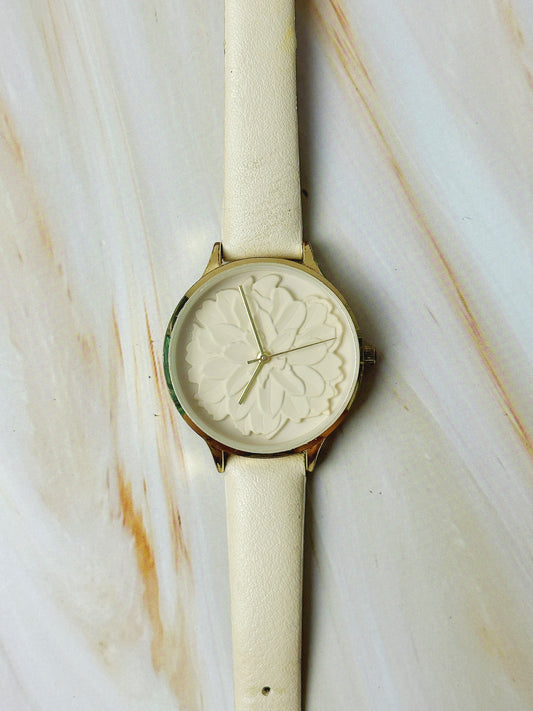 Ladies Floral Dial Quartz Watch – Gold Tone Case – White Strap
