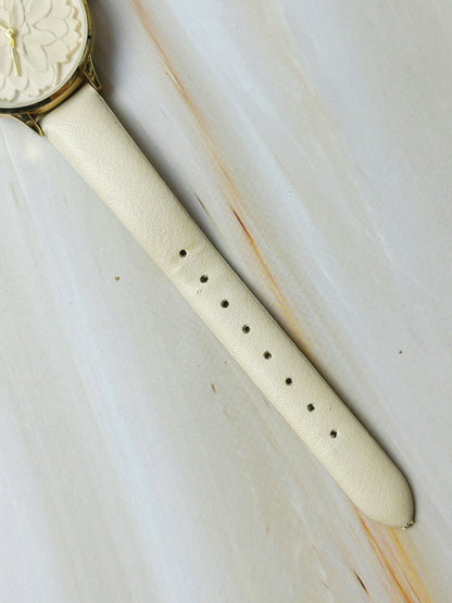 Ladies Floral Dial Quartz Watch – Gold Tone Case – White Strap