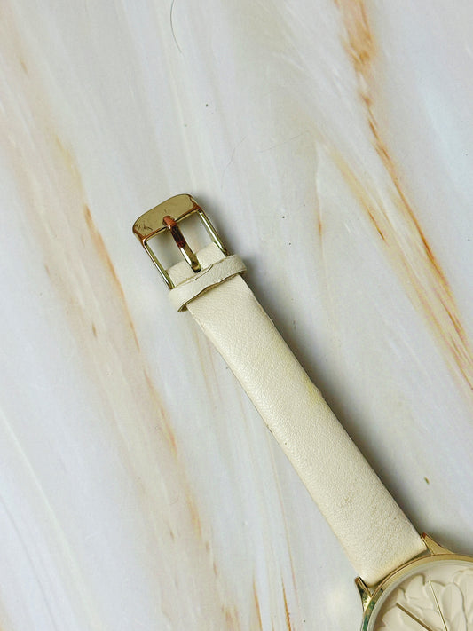 Ladies Floral Dial Quartz Watch – Gold Tone Case – White Strap