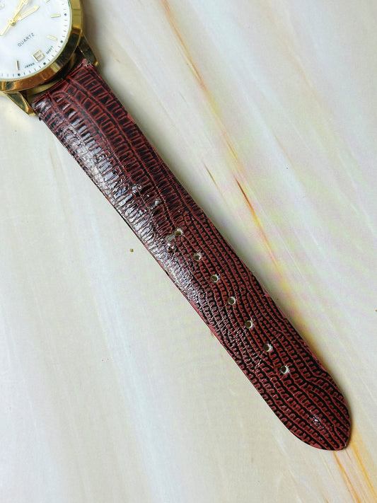Charming Charlie Ladies Quartz Watch – Gold Tone Case – White Dial – Brown Textured Strap