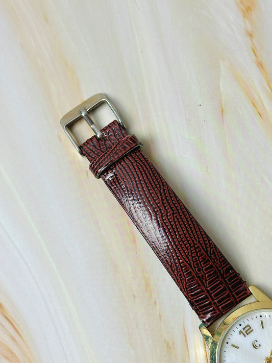 Charming Charlie Ladies Quartz Watch – Gold Tone Case – White Dial – Brown Textured Strap