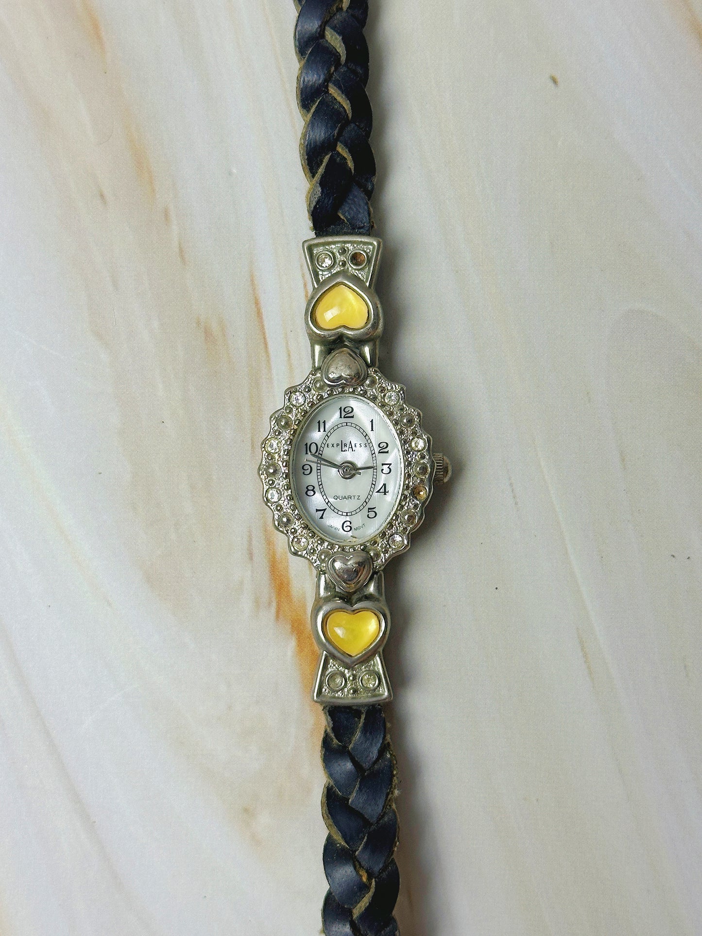 Express L.A Ladies Quartz Watch – Heart Design – Braided Leather Strap – Crystal Bezel