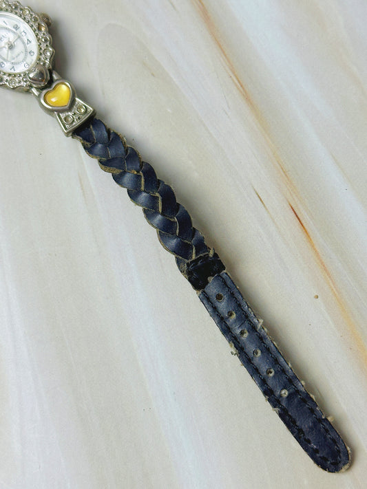 Express L.A Ladies Quartz Watch – Heart Design – Braided Leather Strap – Crystal Bezel