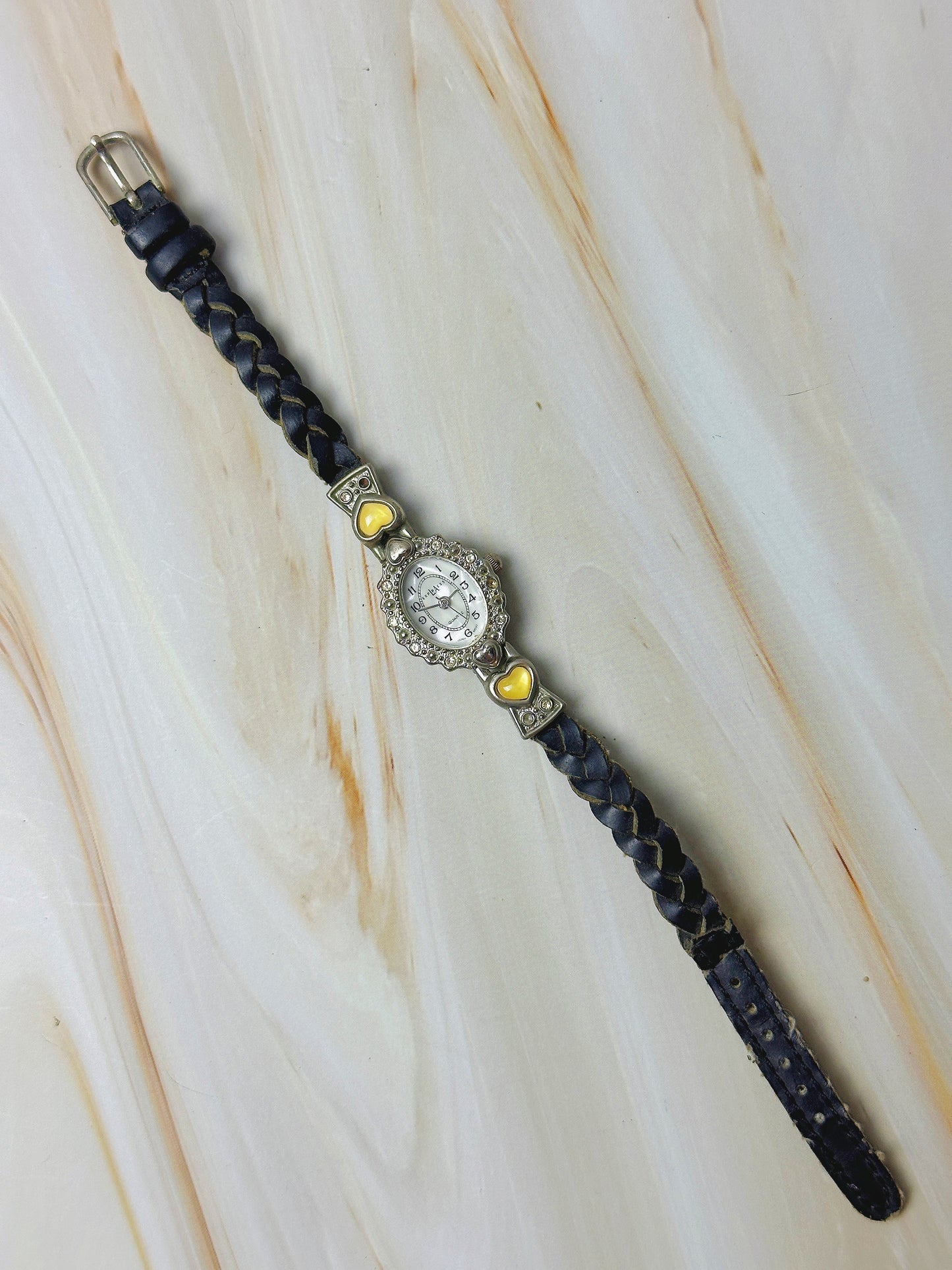 Express L.A Ladies Quartz Watch – Heart Design – Braided Leather Strap – Crystal Bezel